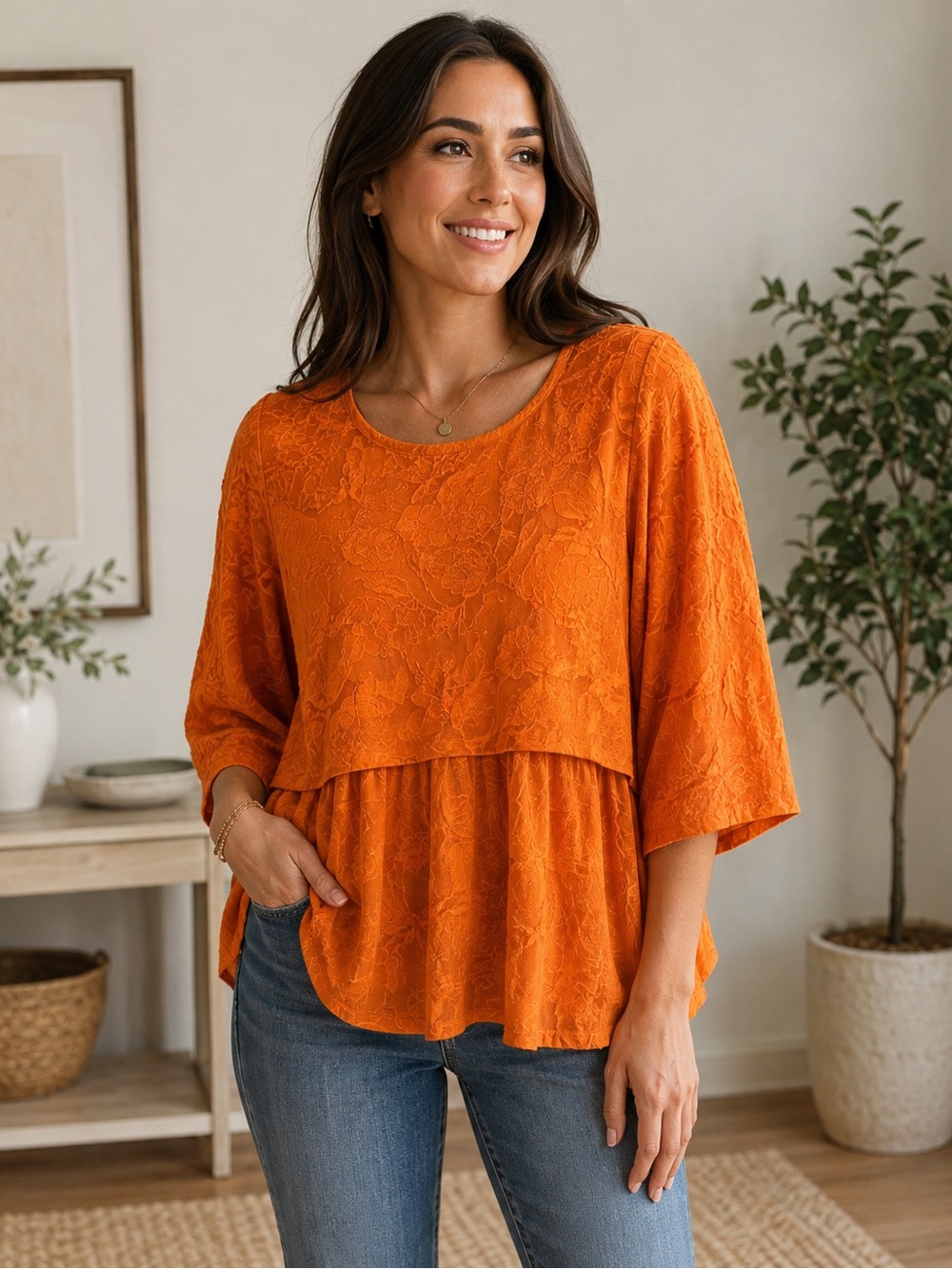 DG2 by Diane Gilman Women's Jacquard Double Layer Top Clay